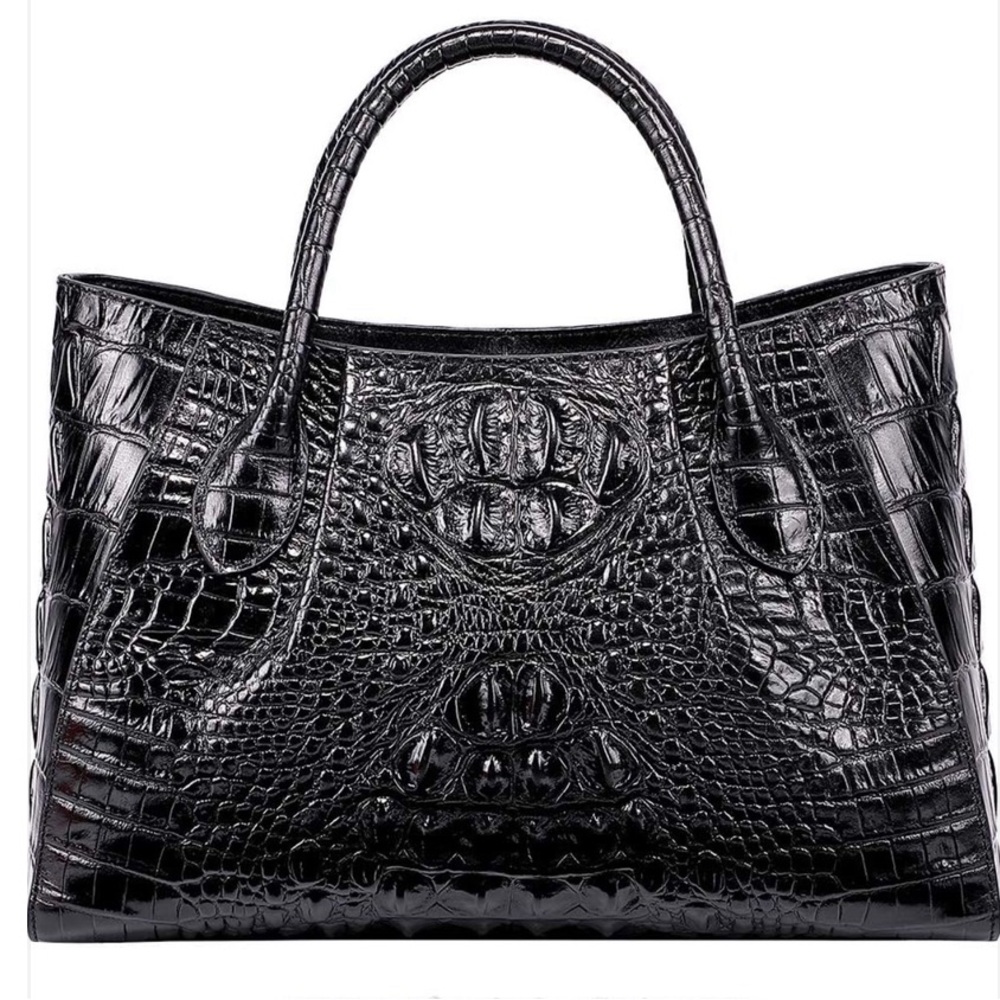 Elegant Black Leather Crocodile Pattern Satchel Tote Handbag Purse